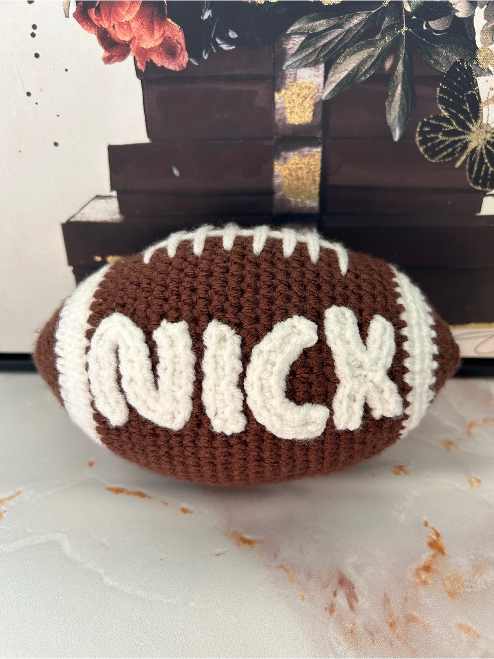 Buy now price Crochet football plush (brown/white) customs made to order - Picture 11 of 12